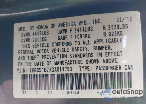 2012 Honda Accord 2.4 Ex from USA, damaged, VIN 1HGCS1B7XCA010753